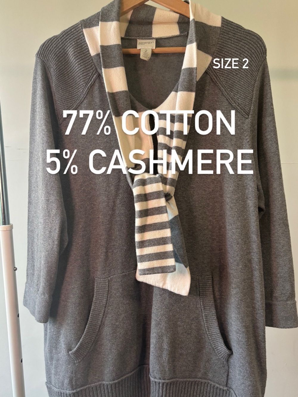 Chico’s Gray Sweater with Striped Scarf | Cotton & Cashmere | Size 2